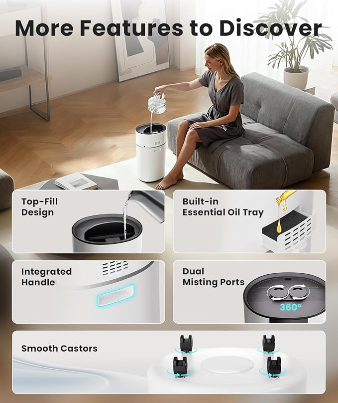 AreShark 4.2 Gal/16L Humidifier Large Room, Cool Warm Mist 2000ft² Whole House Air Humidifiers for Bedroom, Plants, Adults, 60H Runtime, Humidity Setting, Easy to Clean, Top Fill, Extension Tube - Image 8