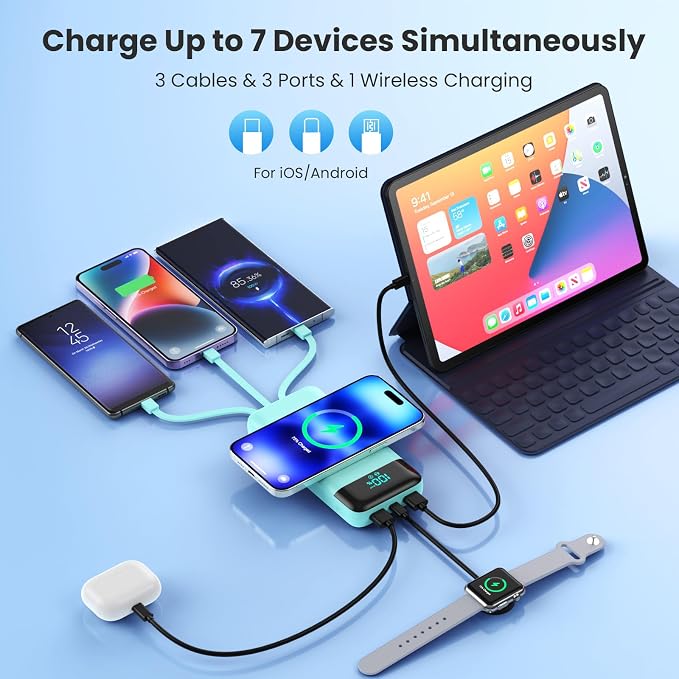 Wireless Portable Charger 40800mAh for iPhone with 3 Built-in Cables,7-in-1 15W Wireless Charging USB C Power Bank,25W PD Fast Charging Travel Essential Battery Pack for iPhone 17/16/15,Android-Green - Image 3