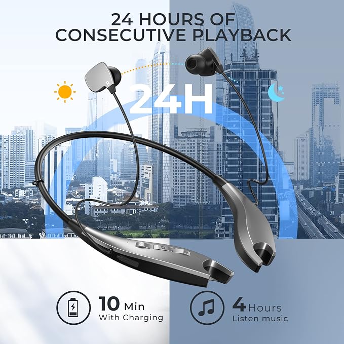 Neckband Bluetooth Headphones, 24H Playtime, Noise Isolation, Silver | Around The Neck Headphones Shark Jaw Design, Bluetooth Headsets with Call Vibration, Earbuds Built-in Mic/IPX7 Waterproof - Image 3