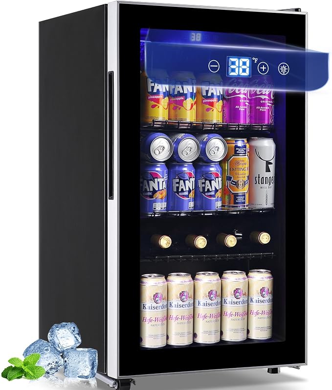 3.5 Cu.ft Beverage Refrigerator & Mini Cooler with LED Touch Panel 125 Can Small Beer Fridge with Glass Door for Wine Soda Juice Clear Front Removable Shelves for Home Office Bar by WANAI%C2%AE