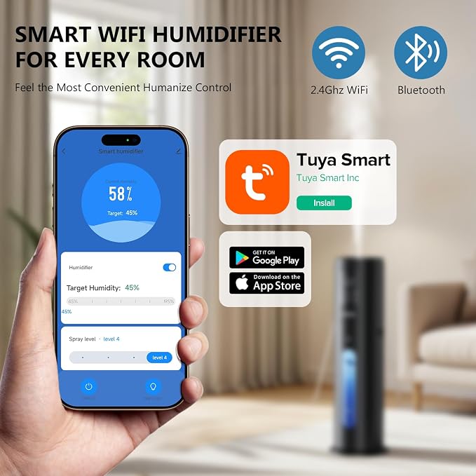 Humidifiers for Bedroom Large Room with 7L/1.85Gal Large Humidifier, Smart App & Remote Control, 4 Mist Levels Large Room Humidifiers for Home Midnight - Image 2