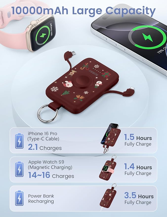 RORRY Portable Charger, 10000mAh PD 20W Fast Charging Portable Charger Power Bank with Built in Cables, Travel Battery Pack for iPhone and Apple Watch Ultra/11/10/9/8/7/6/5, Christmas Red - Image 5