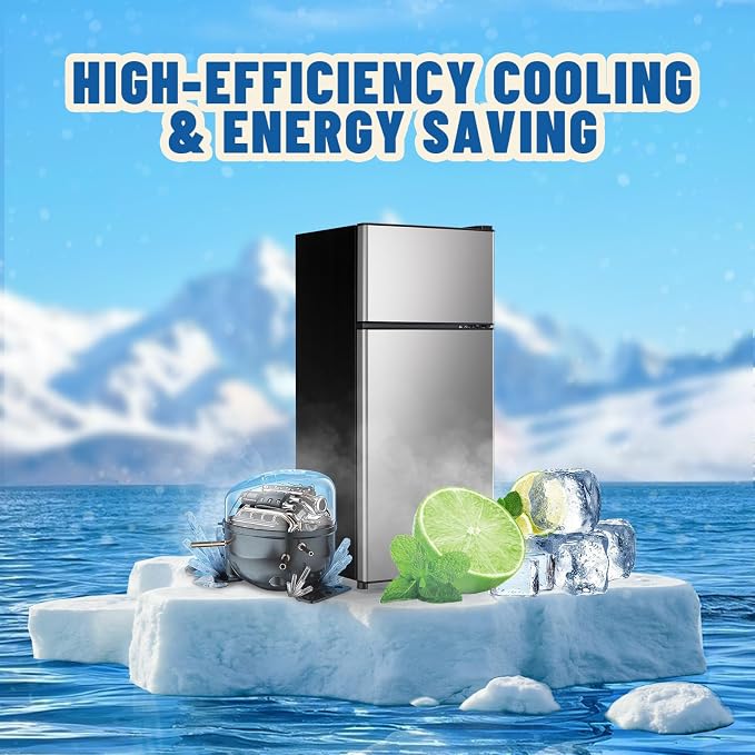 55L Capacity Silver Refrigerator with Freezer Double Door Mini Fridge Small Apartment Refrigerator with 7 Adjustable Temp Control - Image 3