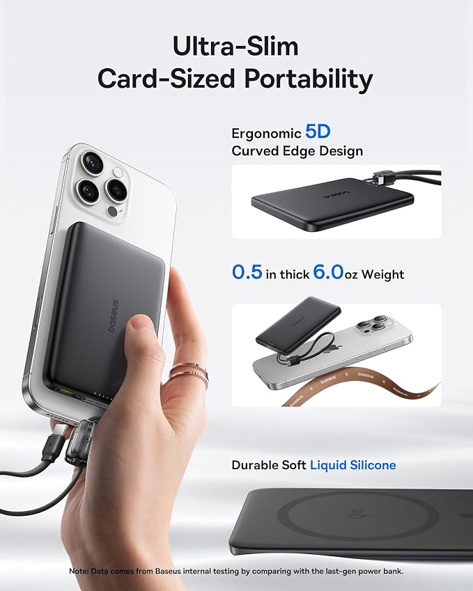 Baseus Picogo Qi2 15W Magsafe Portable Charger, 0.5" Ultra Slim 10000mAh Wireless Power Bank with 27W Built-in USB-C Cable, Magnetic Battery Pack for iPhone 17 Pro Max/17 Pro/Air/16/15/14/13/12 - Image 2