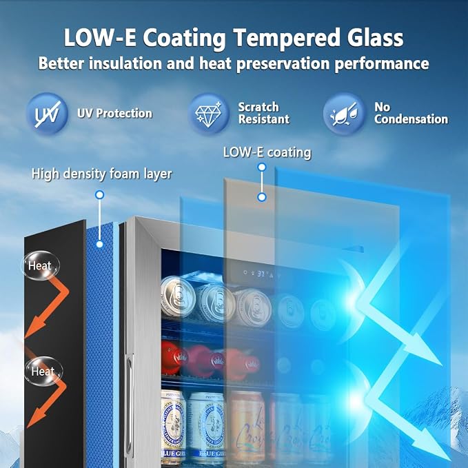 Beverage Refrigerator Cooler, 130 Cans 3.22 Cu.Ft Small Refrigerator with Low-E Glass Door, Lock, 17-Inch Beer Fridge for Drinks, Beer and Wine, Mini Fridge for Bedroom, Office and Bar, Silver - Image 4
