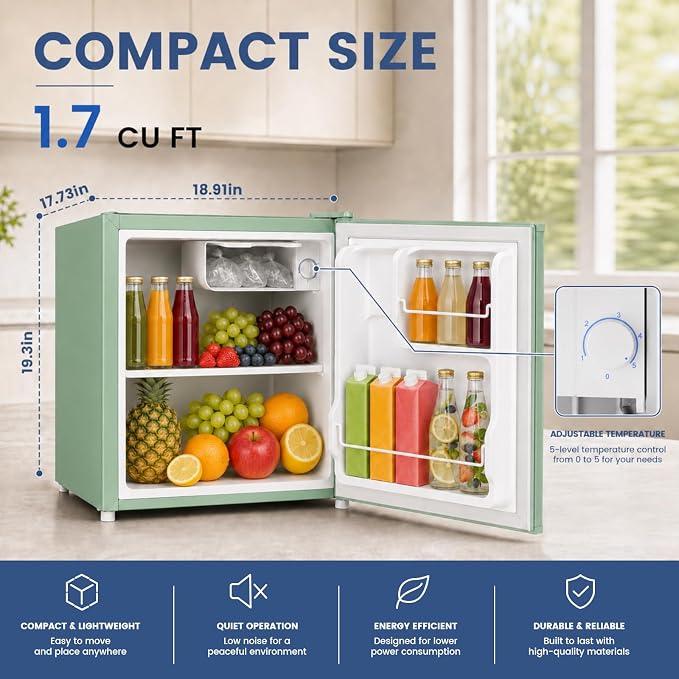 1.7 Cu.Ft Mini Fridge with Freezer for Dorm Office,Green | Compact Refrigerator Office, Energy Saving Small Fridge Reversible Single Door, Low Noise for Bedroom Small Apartment - Image 2