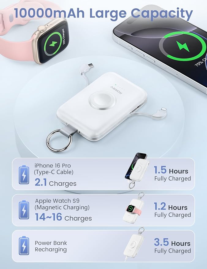 RORRY Portable Charger, 10000mAh PD 20W Fast Charging Portable Charger Power Bank with Built in Cables, Travel Battery Pack for iPhone and Apple Watch Ultra/11/10/9/8/7/6/5, Milk - Image 5