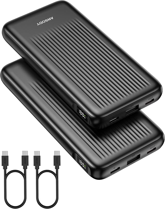 2-Pack Portable Charger, 10000mAh 22.5W Compact USB C Power Bank Fast Charging with 2 Outputs & 2 Inputs, LED Display Battery Pack Compatible with iPhone Samsung iPad Tablets, Black & Black by Ansody