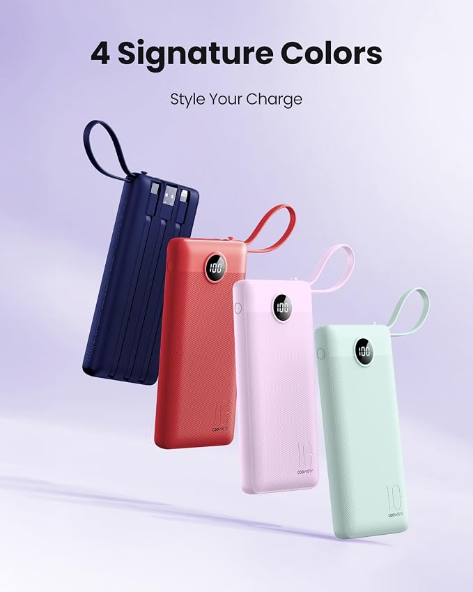 Portable Charger with Built-in Cable, 10000mAh Slim USB C Power Bank, External Battery Pack 5 Outputs 2 Inputs LED Display Compatible with iPhone/Android & More (Lavender) - Image 7