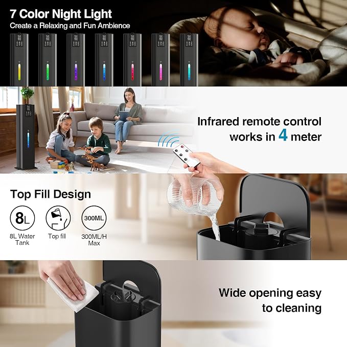 Smart Humidifiers Large Room Bedroom Home, 2.11Gal(8L) Quiet Top Fill Cool Mist Humidifier, Smart App & Remote Control, 3 Speed Humidifier with 360° Nozzle, Humidity Setting for Baby Office - Image 9