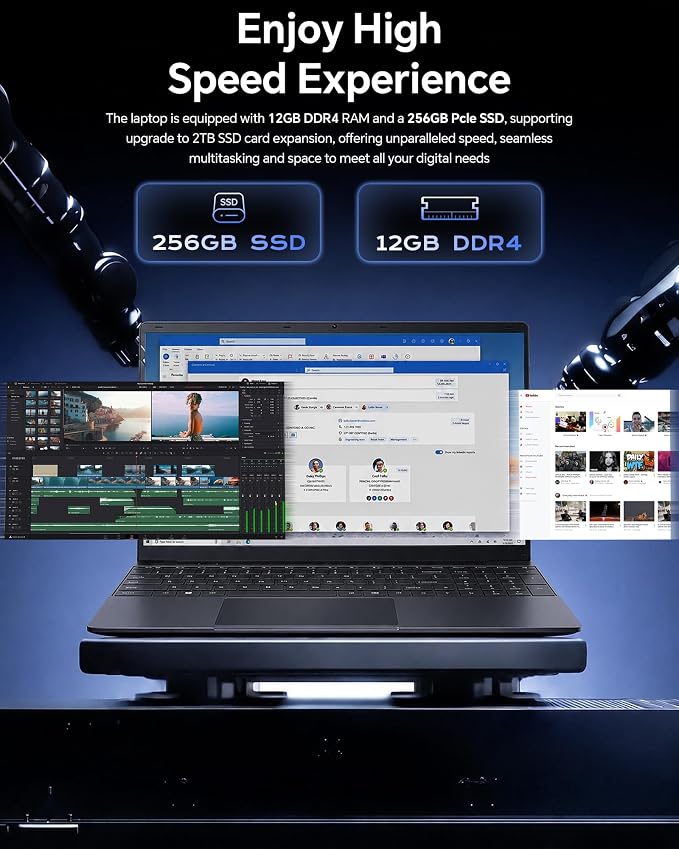 15.6'' AI Laptop with Office 365 12GB RAM 256GB SSD Win 11 Laptops | 7000mAh Battery, IPS FHD, 180°Viewing, Quad-Core Processor, Type-C, WiFi5, Portable Thin Business Student Laptops, Black - Image 4