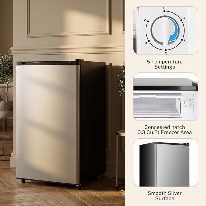 3.2 Cu.Ft Mini Fridge with Freezer, 1 Door Small Refrigerator with Adjustable Thermostat Energy-efficient Low Noise, Compact Fridge for Bedroom, Office, Dorm, Silver - Image 4