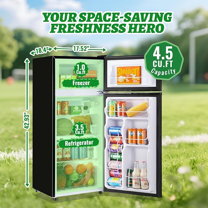 DEMULELR 4.5Cu.ft Small Mini Refrigerator with Freezer Black Two Door Mini Fridge with Crisper Drawer & Extra Drink Space, LED Light, Apartment Size Fridge for Dorm Office 17.5" W x 18.5" D x 43" H - Image 7
