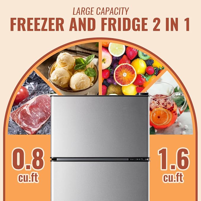 45L Mini Fridge with Double Doors Silver Small Refrigerator with Separate Freezer & 7 Adjustable Temperature Control, Tiny Size & Personal Fridge Ideal for Office Apartment Dorm - Image 2