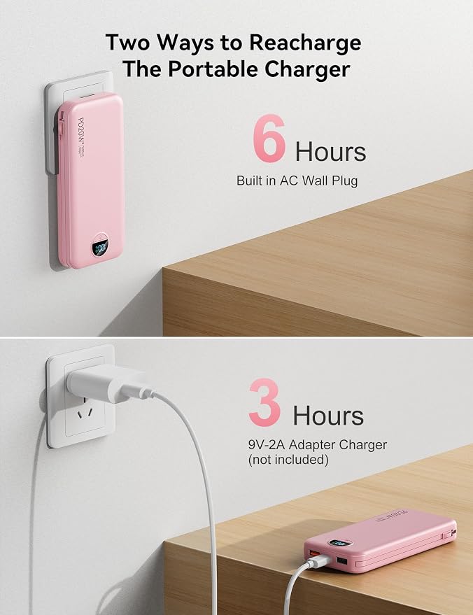 10000mAh Ultra-Portable-Charger-Power-Bank with Built in Cables&AC Wall Plug, PD20W USB-C Fast Charging Cell Phone Charger Battery Pack,LED Display Travel Battery Bank for All iPhone,Samsung,Android - Image 7