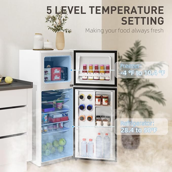 HOMCOM 4 Cu.Ft Mini Fridge with Freezer Double Reversible White | Compact Refrigerator, Adjustable Thermostat, Shelf, for Bedroom Dorm Home Office, Energy Efficient - Image 4