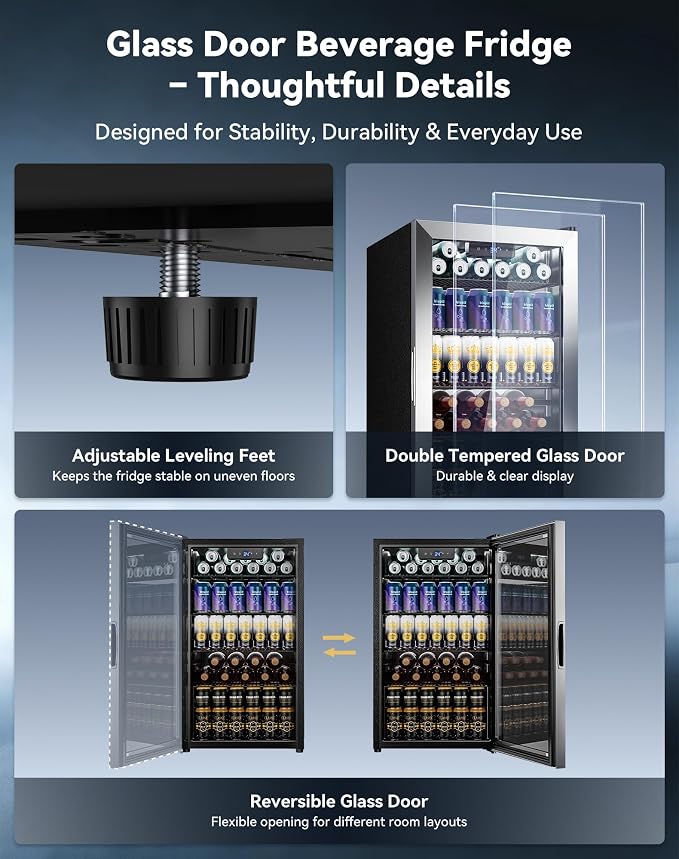 3.1 Cuft Beverage Fridge, 130 Can Mini Fridge, Glass Door, 34-64°F, Silver | LED Interior Light, Adjustable Removable Shelves, Freestanding for Bedroom, Office & Bar - Image 6
