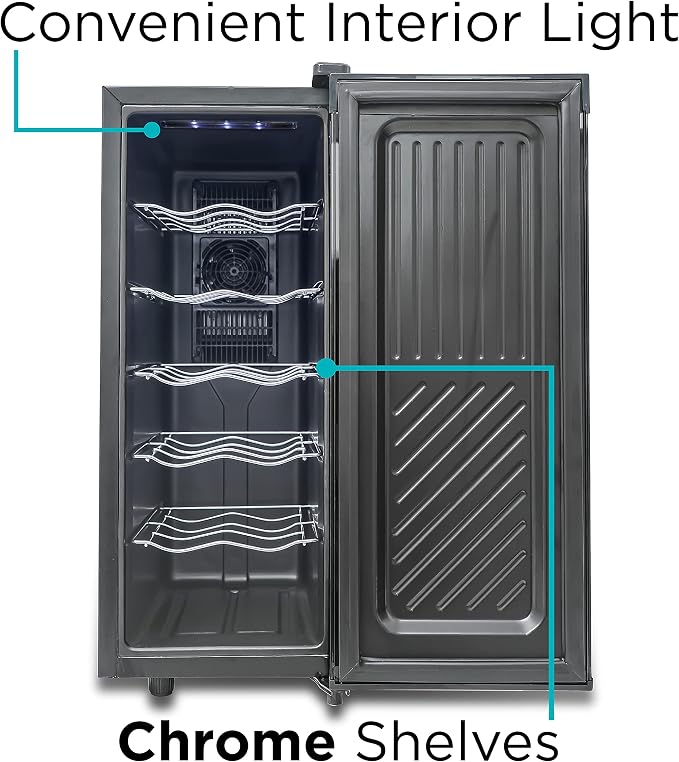 BLACK+DECKER 12-Bottle Thermoelectric Wine Chiller, BD60336, Mirrored Door | Thermoelectric Wine Cooler with Temperature Control, 12 Bottle Fridge for Reds, Whites and More, LED Display, Chrome Racks - Image 5