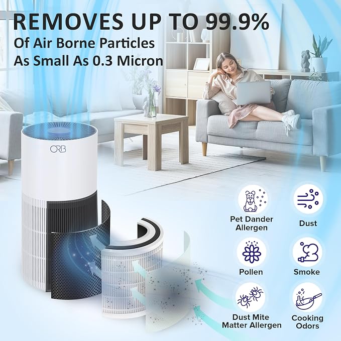ORB 2-in-1 Air Purifier & Humidifier Combo for Bedroom – HEPA Filter, Quiet, Auto Mode, No Mist, Removes Dust Smoke Odors Pet Dander, Top Fill, Covers 500 Sq Ft - Image 3