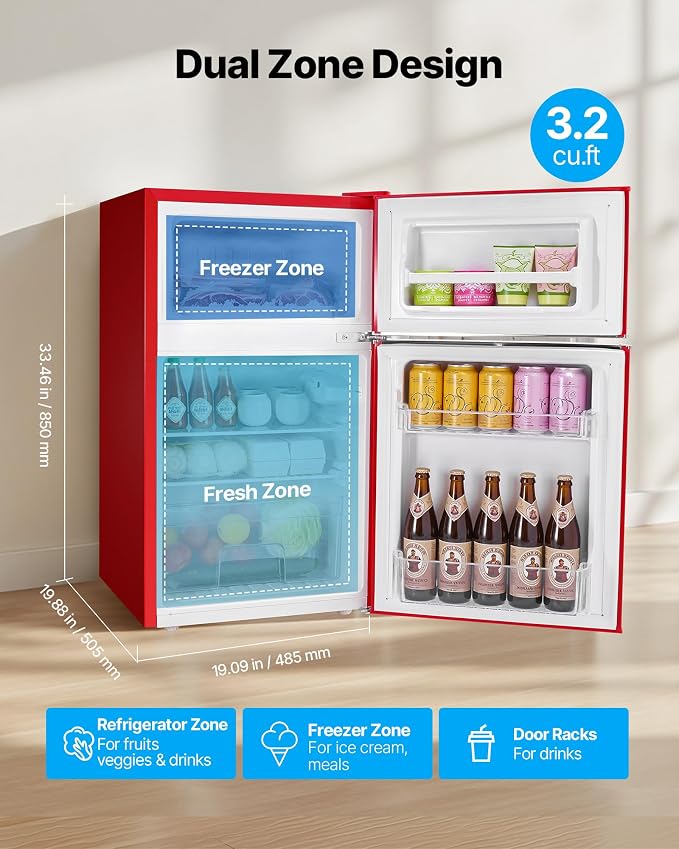 VEVOR 3.2 Cu.Ft Mini Fridge with Freezer, Dual Zone Compact Refrigerator, 7-Mode Adjustable Temp, Energy Efficient Low Noise Dorm Fridge, Small Refrigerator for Bedroom, Office, Retro Red - Image 2