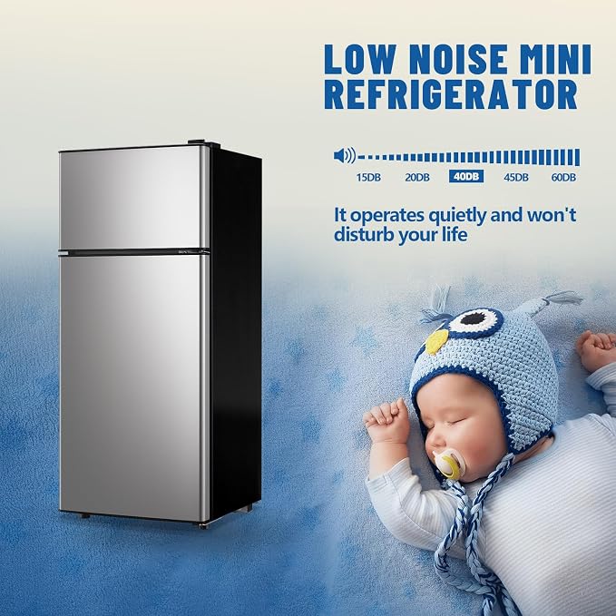 55L Capacity Silver Refrigerator with Freezer Double Door Mini Fridge Small Apartment Refrigerator with 7 Adjustable Temp Control - Image 7