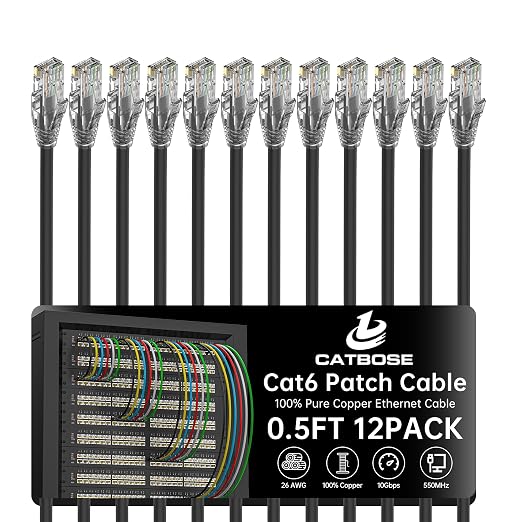0.5 Foot Cat6 Patch Cables, Solid Pure Copper Patch Cord, Cat 6 Ethernet Cable by CatBose