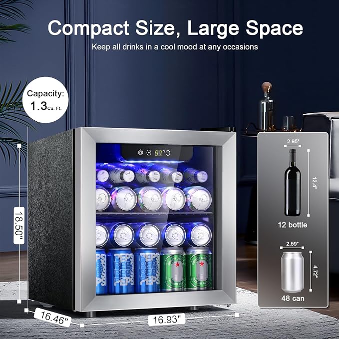 Antarctic Star 48 Can Beverage Refrigerator,12 Bottle Wine Cooler with Stainless Steel Glass Door, Digital Temperature Display,Electronic Temperature Control, Silver - Image 7