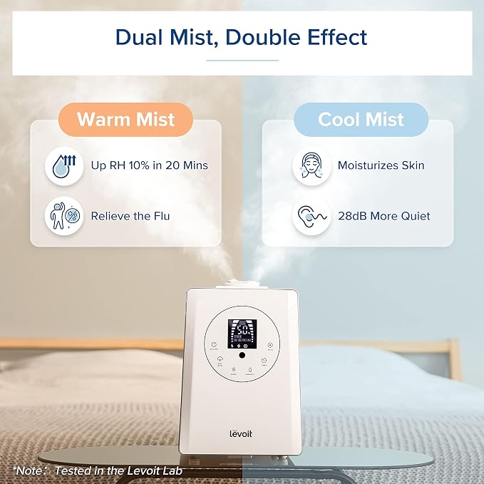 LEVOIT Humidifiers for Bedroom Large Room Home, 6L Warm and Cool Mist Ultrasonic Air Vaporizer for Plants and Whole House, Built-in Humidity Sensor, Essential Oil Diffuser, Whisper Quiet, Timer, White - Image 3