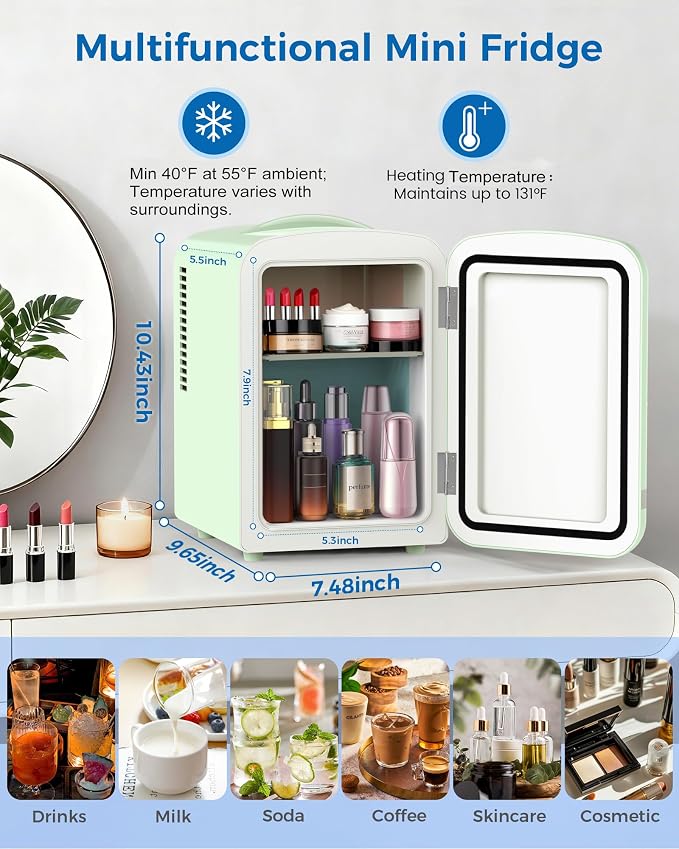 Electactic Mini Fridge for Skincare, 4L/6 Cans Portable Compact Cosmetic Fridge, Retro Desktop Fridge with AC/DC Adapters, Small Cooler and Warmer for Beverage, Makeup, Bedroom, Office, Kids, Green - Image 4