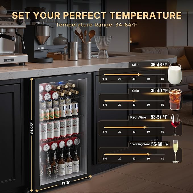 130 Can Beverage Refrigerator, 3.2 Cu.ft Mini Fridge, Glass Door, Black | 34-64°F, LED Interior Light, Adjustable Removable Shelves, Beverage Cooler for Bedroom, Office, Bar - Image 2