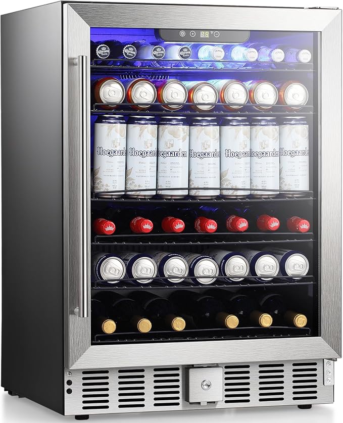 Antarctic Star 166 Can Beverage Refrigerator Cooler, 5.1 Cu.Ft Mini Fridge with Safety Lock, Beverage Cooler with Glass Door/LED Light/Adjustable Removable Shelves for Home/Office/Bar(Stainless Steel) by AntarcticStar