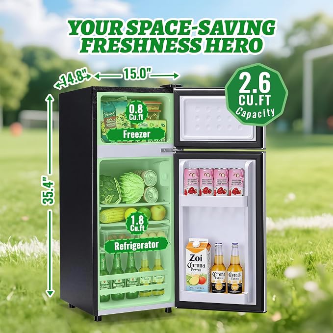 DEMULELR Small Refrigerator with Freezer 2.6 Cu.ft Dual Door Mini Fridge with 3 Removable shelves & Extra Drink Space Fridge for Office 14.77" W x 15" D x 35" H, Mini Refrigerator for Dorm, Silver - Image 6