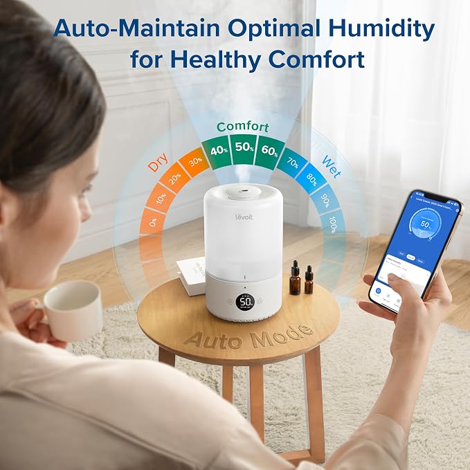 LEVOIT Smart Cool Mist Top Fill Humidifiers for Bedroom with Sensor, Auto Humidity Setting, APP & Voice Control, Essential Oil Diffuser, Ultra Quiet Operation, Super Easy Top Fill, 3L, White - Image 2