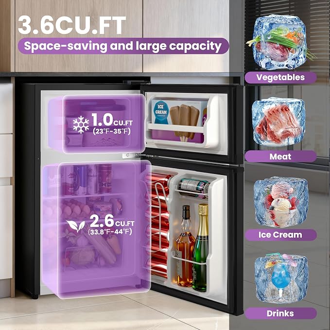Tehanld 3.6 Cu.Ft Mini Fridge with Freezer for Dorm Office, Black | Double Door Compact Refrigerator with Low Noise Technology, Removable Shelves for Bedroom and Apartment Storage - Image 3