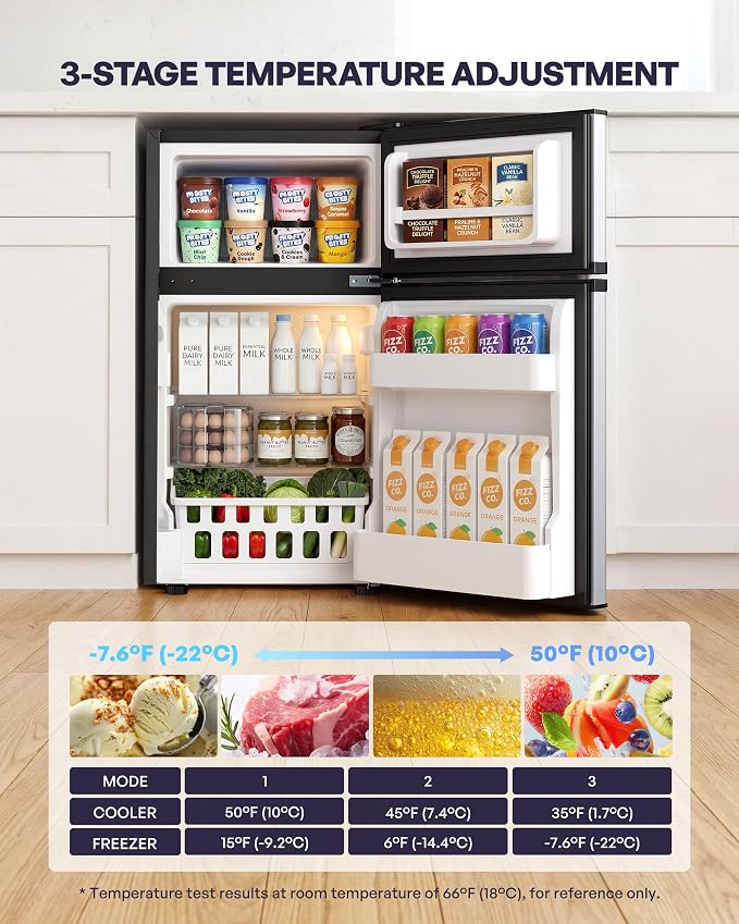 3.2 Cu.Ft Mini Fridge with Freezer, 2 Door Small Refrigerator with Adjustable Thermostat & Removable Glass Shelves, Mini Refrigerator for Dorm Office Kitchen, Silver - Image 3