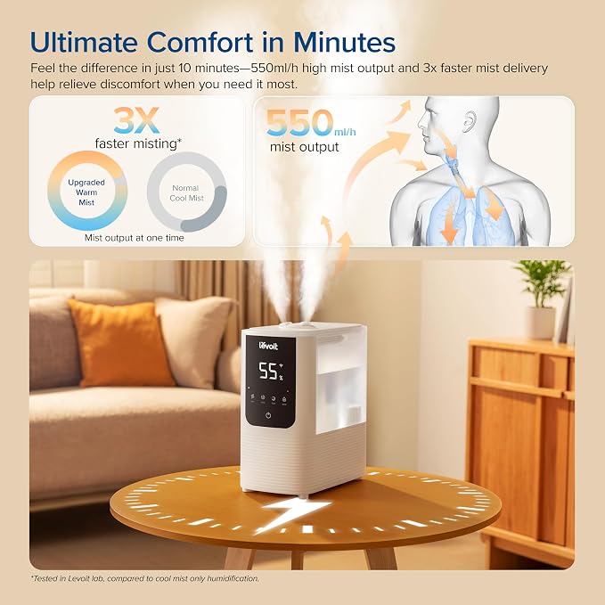LEVOIT Humidifiers for Bedroom Home, Smart Warm and Cool Mist Air Humidifier for Large Room, Auto Customized Humidity, Fast Symptom Relief, Easy Top Fill, Essential Oil, Quiet, OasisMist4.5L, White - Image 3