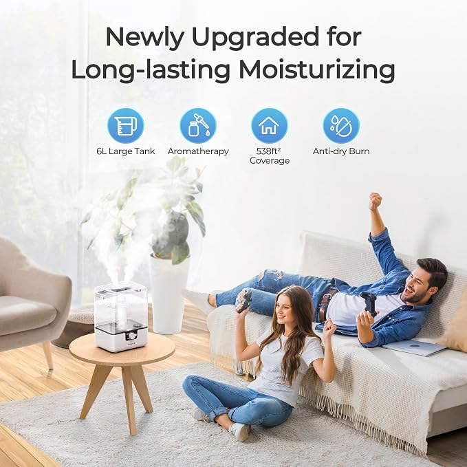 CHIVALZ Humidifiers for Bedroom, 6L Cool Mist Humidifiers for Baby Nursery, 26dB Quiet, 50H Runtime, Top Fill Humidifier for Large Room, Home, Plants, Nightlight, Oil Diffuser 1 Pack White - Image 2