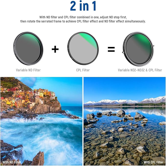 NEEWER 2 in 1 62mm Variable ND Filter ND2–ND32&CPL Filter No X Cross/30 Layer - Image 2