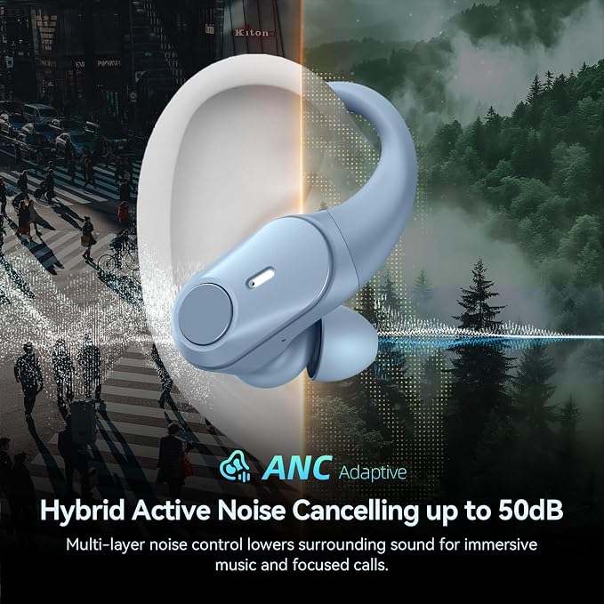 Active Noise Cancelling Ear Buds Wireless Earbuds 80H Playtime Bluetooth Headphones with LED Display Case, Hi-Res Audio Clear Calls Earphones with Over Ear Hooks for Running Gym Workout Sierra Blue - Image 2