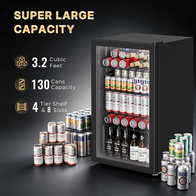 130 Can Beverage Refrigerator, 3.2 Cu.ft Mini Fridge, Glass Door, Black | 34-64°F, LED Interior Light, Adjustable Removable Shelves, Beverage Cooler for Bedroom, Office, Bar - Image 3