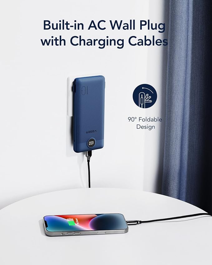 VEGER Portable Charger with Built-in AC Plug and Cables, All in One 10000mAh Ultra Slim Power Bank Travel Essentials, Fast Charging Battery Pack Compatible with iPhone, Samsung, Android (Navy) - Image 3