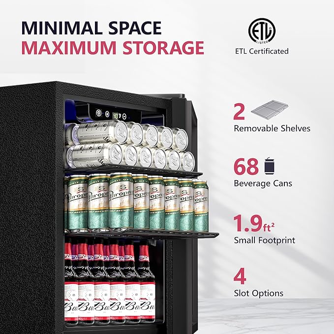 Beverage Refrigerator Cooler, 16 Bottle 68 Can Mini Fridge with Glass Door, Wine Beer Freestanding Drink Fridge, Digital Temperature Control & Adjustable Shelves for Home Office, 1.7 cu.ft - Image 2