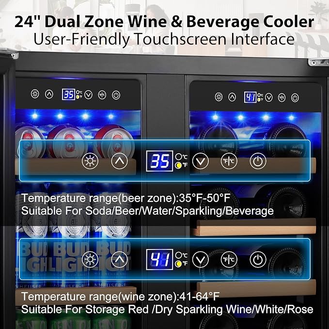 24" Dual Zone Wine & Beverage Refrigerator – Under Counter Cooler with Upgraded Cooling & Blue LED Light, Hold 20 Bottles and 88 Cans Large Capacity Wine Fridge, Built-In or Freestanding – Black - Image 7