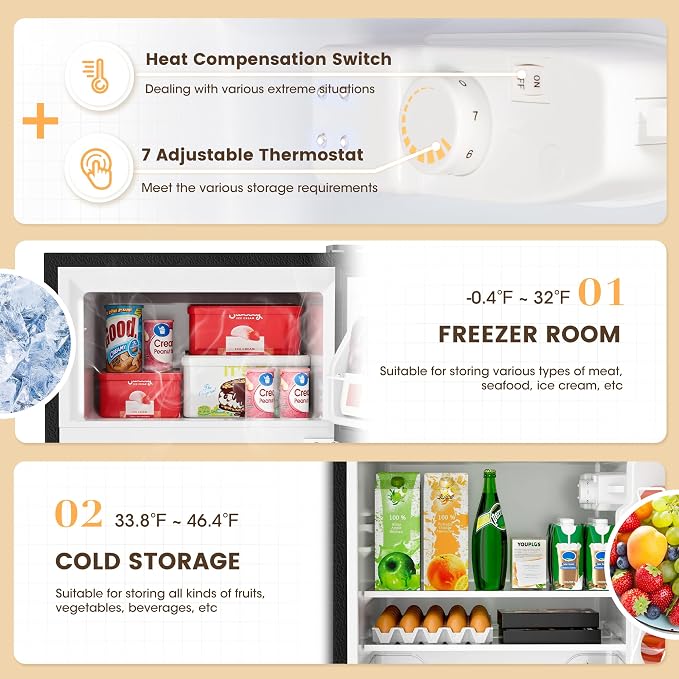 3.55 Cu.Ft Mini Fridge Freezer for Dorm/Office, 2-Door, Quiet | 3.55 cu ft mini fridge with separate freezer, quiet 38dB for sleep, 7-level thermostat, adj shelves, for dorm/office/kitchen. - Image 4