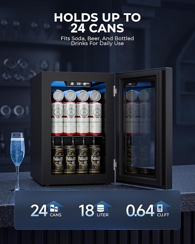 18L Beverage Refrigerator Cooler, 24-Can Mini Fridge with Glass Door | LED Light, 40–61°F Digital Temperature Control, Freestanding Drink Fridge for Soda, Beer, Bedroom, Office & Home Bar - Image 4