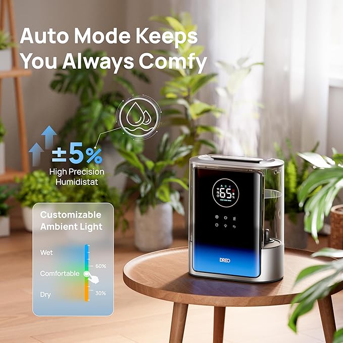 DREO 8L Smart Humidifier Large Room 600ft², HM717S, 80H Runtime Supersized Warm and Cool Mist Humidifiers for Bedroom Baby, 28dB Quiet Air Humidifier for Plants Indoor, Home, Whole House, Silver - Image 5