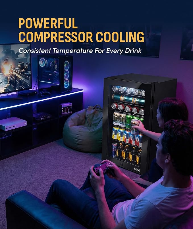 NewAir 126 Can Beverage Refrigerator | Freestanding Small Mini Fridge for Bedroom with Glass Door | Drink Cooler with Adjustable Shelves, Quiet Cooling & Locking Door | Black - Image 6
