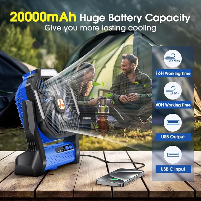 Portable Fan Rechargeable, 20000mAh Cordless Battery Powered Camping Tent Fans with SOS & LED Lantern, Small USB C Operated Outdoor Ventilador for Travel Camp Fishing Picnic Beach Home Essentials - Image 2