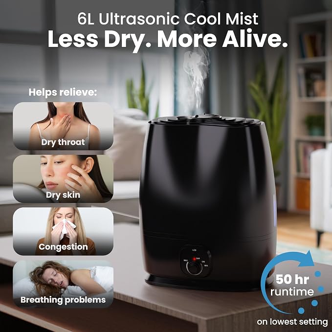 Everlasting Comfort 6L Humidifiers for Bedroom, Quiet 50HR Runtime No-Filter Supersized Cool Mist Humidifier Large Room for Whole House, Plants, Baby Nursery, Allergies, Dry Skin, Congestion, Indoor - Image 2