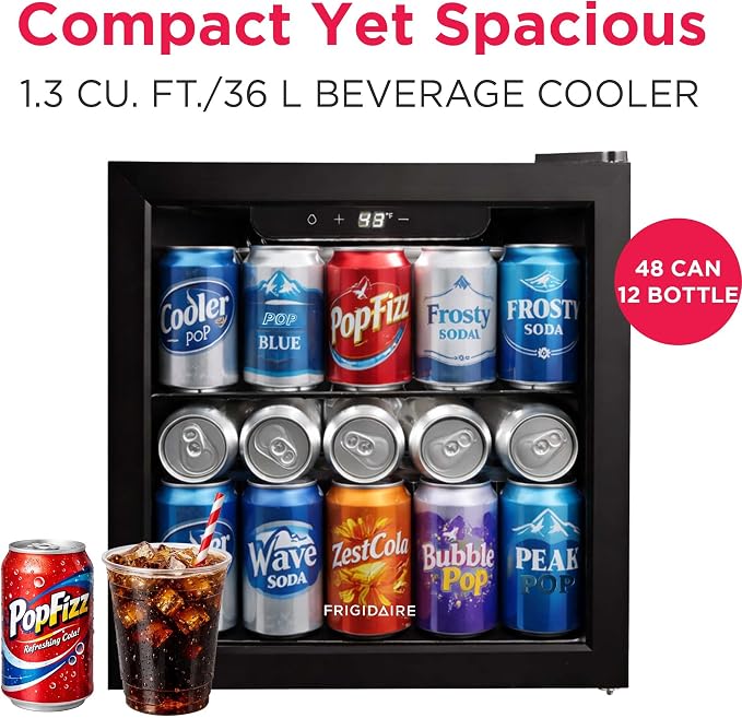 FRIGIDAIRE 12-Bottle Cooler, 1.2 Cu. Ft. Glass Door Beverage Refrigerator, Digital Display Mini Fridge with Touch Controls, Adjustable Shelves, LED Lighting & Quiet Compressor Cooling - Image 2